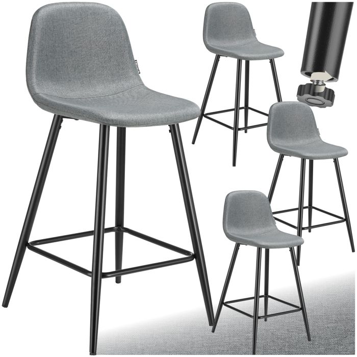 Tabouret de bar - TECTAKE - Lot de 4 tabourets WILLOW tissu résistant et rembourré avec repose-pieds 45 x 48 x 92 cm - Gris/Noir