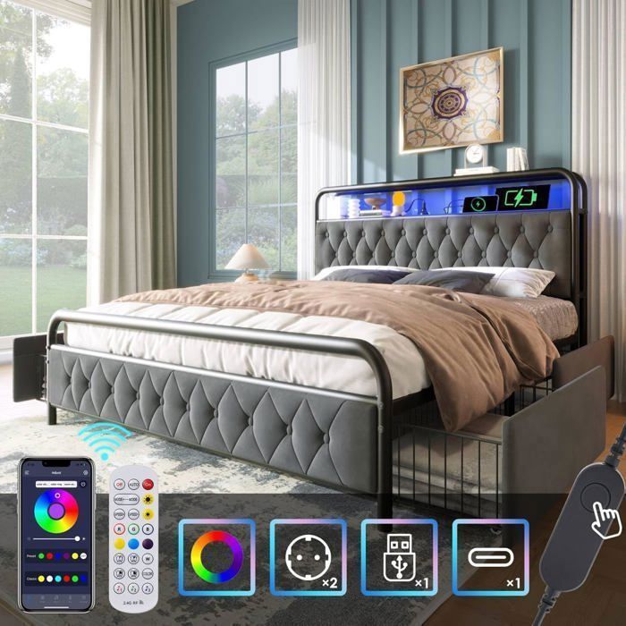 Lemonbest Lit double rembourré 160 x 200 cm avec charge USB type C APP Control LED cadre de lit en métal avec 4 tiroirsen