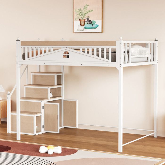 Lit Mezzanine Enfant/Ado 140x200 Cm - Avec Bureau, Étages & Escalier Sécurité - Blanc, Charge 120 Kg - Gain De Place