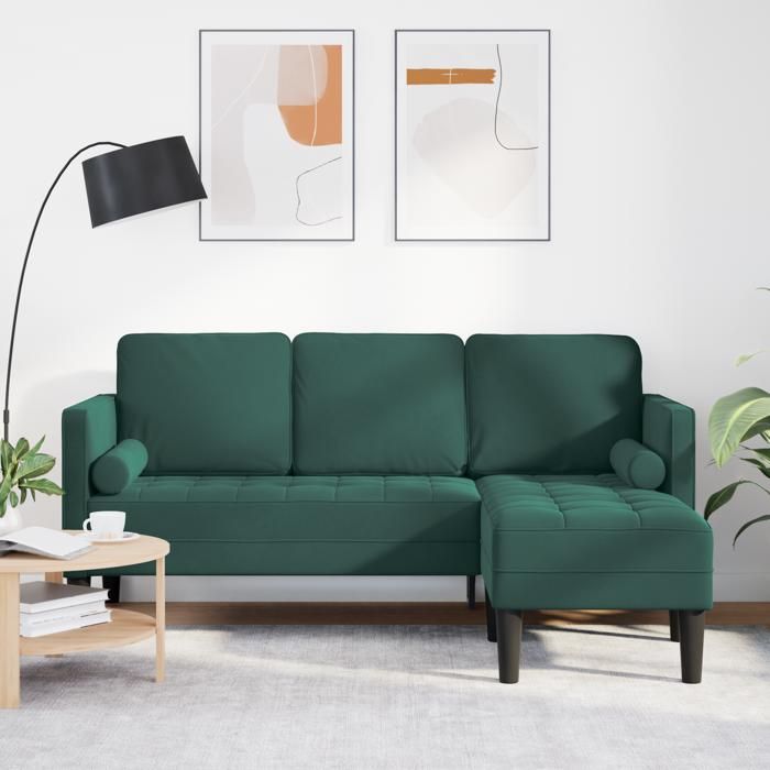 Moderne Canapé 3 places avec méridienne en L vert foncé 160 cm en velours - Canapé salon Mode @FR(646250)