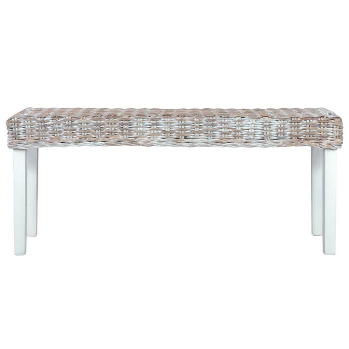 BEST-HOME Banc 110 cm Blanc Rotin naturel kubu et bois d'acajou massif