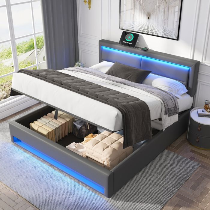 Lit coffre rembourré 140x190 cm gris avec LED ports USB et charge sans fil - sommier inclus