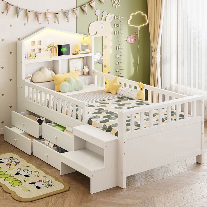 Lit enfant multifonction - MERAX - 90x200 cm - LED intégrée - Ports USB-C - 4 tiroirs & escalier Lit enfant multifonction - MERAX - 90x200 cm - LED intégrée - Ports USB-C - 4 tiroirs & escalier