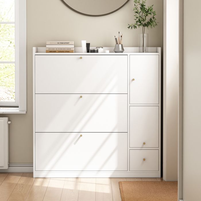 Meuble à Chaussures 3 Portes Abattantes avec Tiroir et Banc Rabattable Rangement d’Entrée Blanc 119×24×122 cm