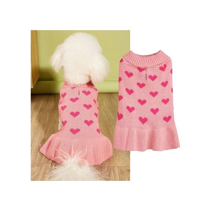 Robe pull en tricot à col roulé avec motif cœur pour petit chien et chat – Vêtements chauds pour chiens et chats de petite taille