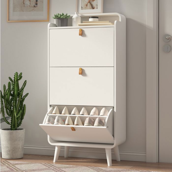 Meuble à chaussures gain de place–3 abattantsétroit avec plateau supérieurpieds en boisblancfacile à assembler63x29.5x133.7cm