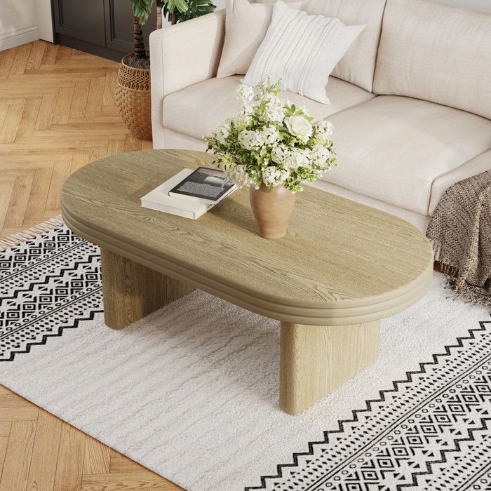 Table Basse Ovale Cannelée Mid-Century Rustique en Bois120×60× 41.5cm Charge 80kg Naturelle