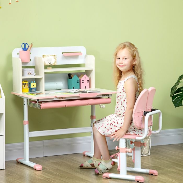Bureau enfant réglable en hauteur 80 x 52 x 88-109 cm rose et blanc plateau inclinable 1 tiroir et 1 étagère