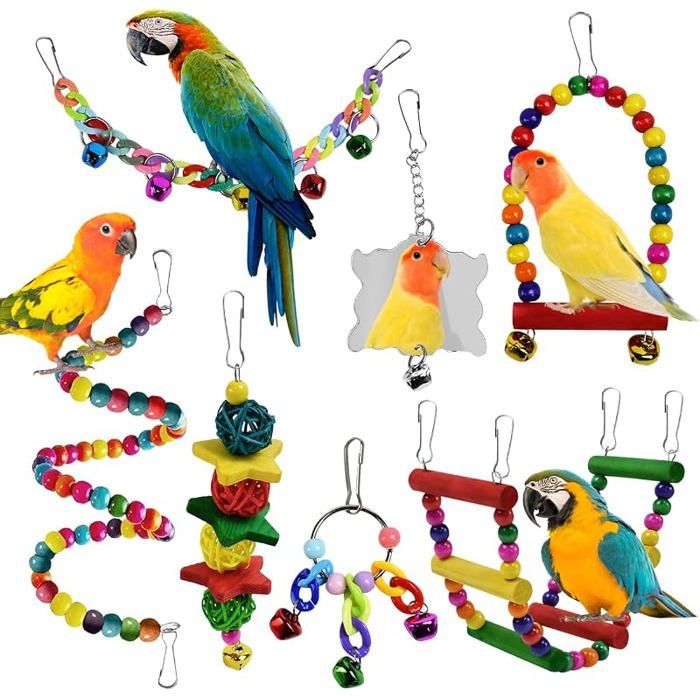 Lot De 7 Jouets De Divertissement pour Oiseaux Cage A Oiseaux Cage Perroquet Voliere Oiseaux Interieur Accessoire KIT JOUET