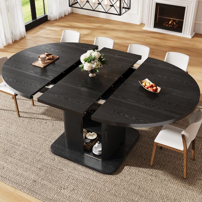 Table à Manger Ovale Extensible - 110-150 cm -avec Rangement Portes Coulissantes Noir Table à Manger Ovale Extensible - 110-150 cm -avec Rangement Portes Coulissantes Noir
