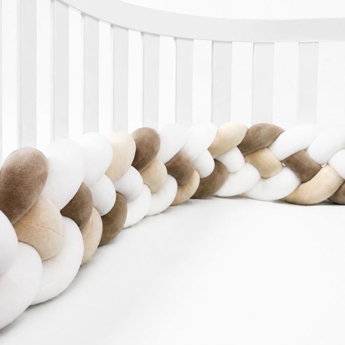 Tour de lit  bébé – Tressé nœuds coton doux anti-choc  - Tricot main – Bébé chambre– 2M Blanc Beige Marron