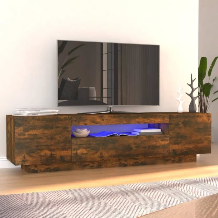 Meuble TV - AKOZON - Chêne fumé - 160x35x40 cm - Lumières LED RVB - Design contemporain