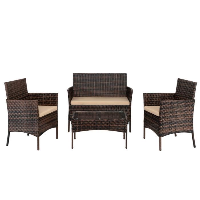 Ensemble table et chaises de jardin, rotin tressé, lot de quatre, brun dégradé