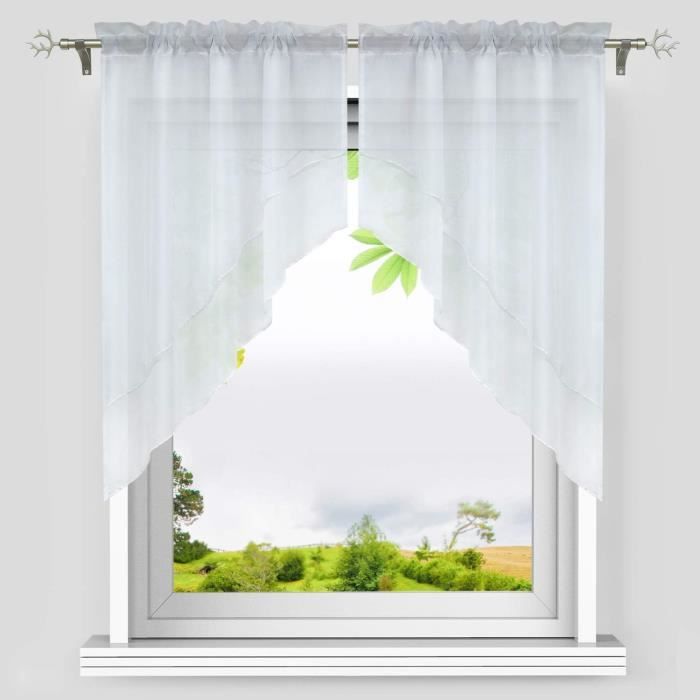 Lot De 2 Rideaux Brise-Bise En Voile Avec Papillons Argentés - Double Couche, Pompon Blanc - 60 X 90 Cm