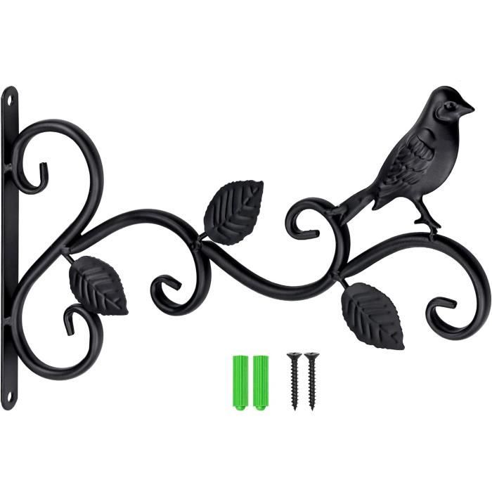 2 Supports Muraux Kyrio Pour Plantes Suspendues - Crochets Décoratifs Fer Noir 30cm - Style Rétro Avec Oiseau