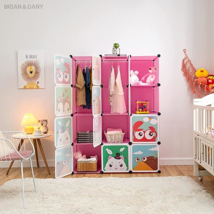 armoire de rangement modulable pour enfant hsturyz - 12 cubes - rose