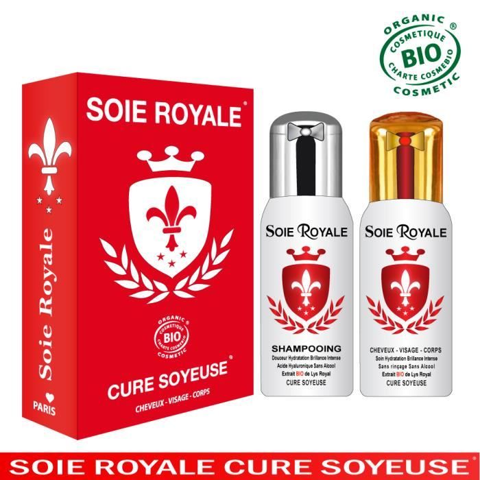 Coffret Soie Royale BIO Cure Soyeuse 125 ml Shampoing 125 ml Cheveux Visage Corps Soin Hydratation Brillance Intense Sans Alcool