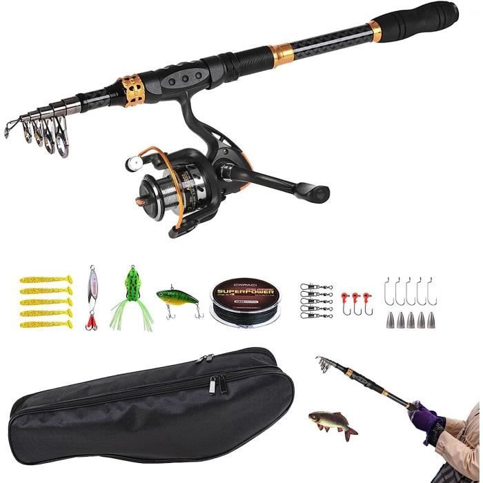 Combo Canne à Pêche Télescopique Carbone + Moulinet LEO - Prêt à Pêcher - Neuf