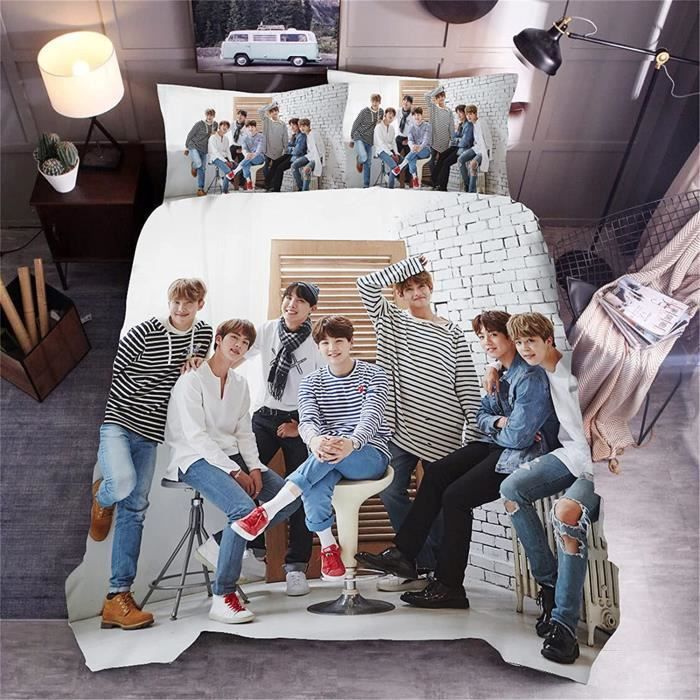 Housse De Couette BTS 3 Pièces – 135x200 Cm + 2 Taies 80x80 Cm, Coton/polyester, Pour Fans Et Ados
