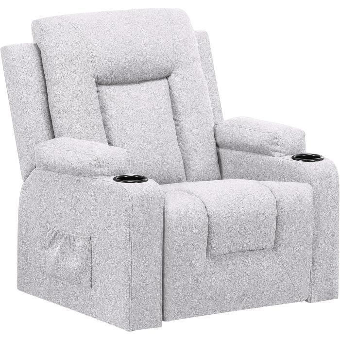 Fauteuil Relaxation en Tissu avec Fonction Inclinable Recliner Chair 2 Poches Latérales et Porte-Tasse Gris Clair