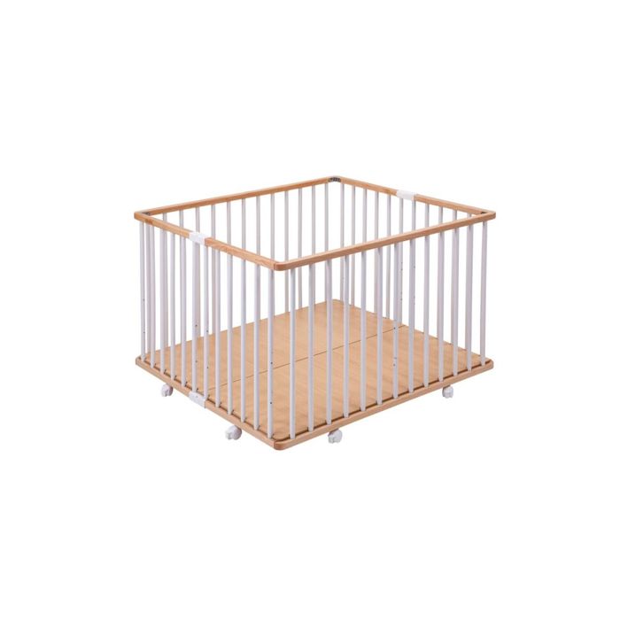 Combelle - Parc bébé en bois pliant Gaby bicolore blanc avec plancher réglable et roulettes - 92x88x67 cm