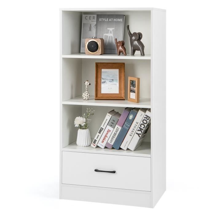 costway bibliothèque à 4 niveaux - 60 x 38 x 120 cm - tiroir - dispositif anti-basculement - meuble/étagère de rangement - blanc