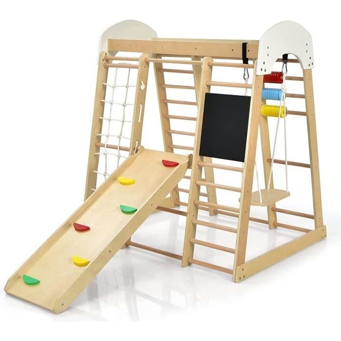 GOPLUS 8 en 1 Aire de Jeu Portique pour Enfant 3Ans + en Bois avec Toboggan Chevalet Filet Barre Échelle Escalade Balançoire