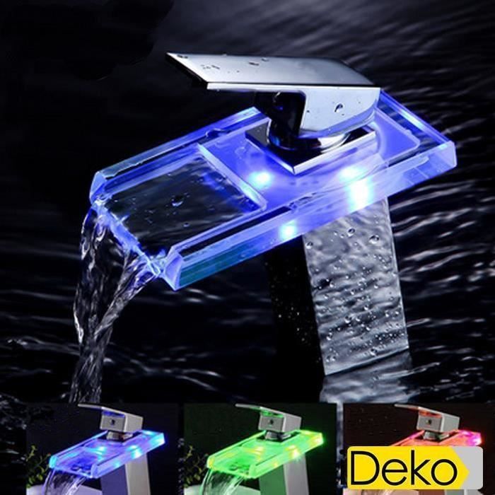 Robinet salle de bain lavabo Mitigeur cascade en verre LED 3 couleur LED - IDEKO