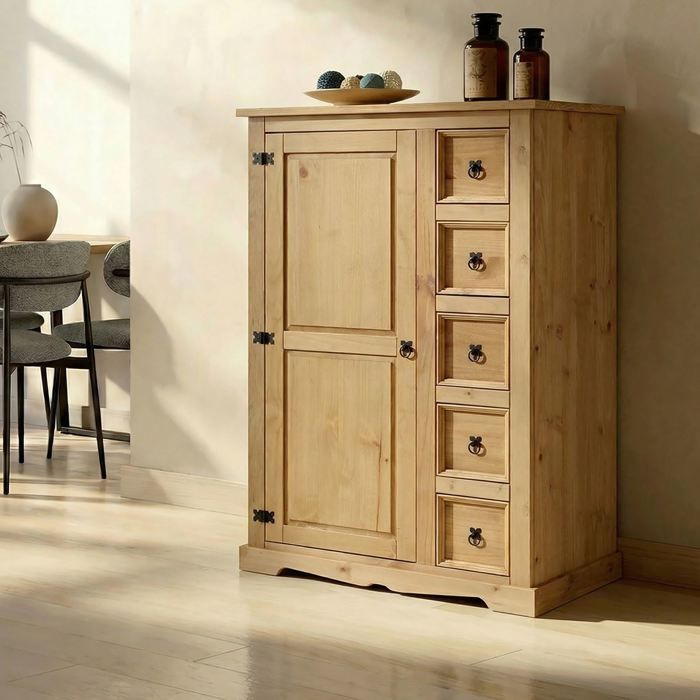 Buffet salle à manger apothicaire TEQUILA L 95 cm en bois massif coloris naturel avec 1 porte battante et 5 tiroirs Buffet salle à manger apothicaire TEQUILA L 95 cm en bois massif coloris naturel avec 1 porte battante et 5 tiroirs