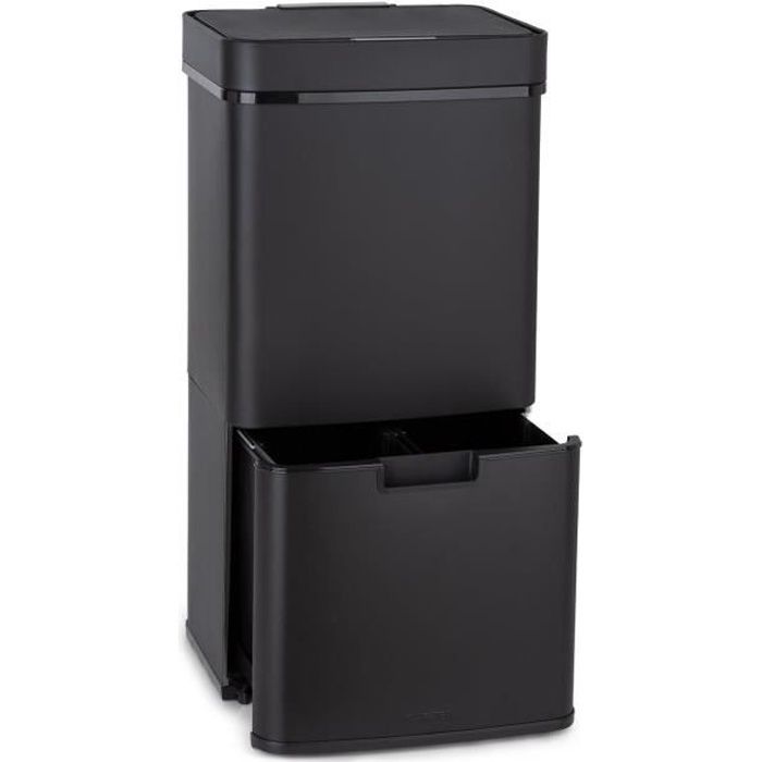 Klarstein Royal Trash Matte Black Poubelle de tri sélectif avec capteur 72L : 4 compartiments - Acier inoxydable noir