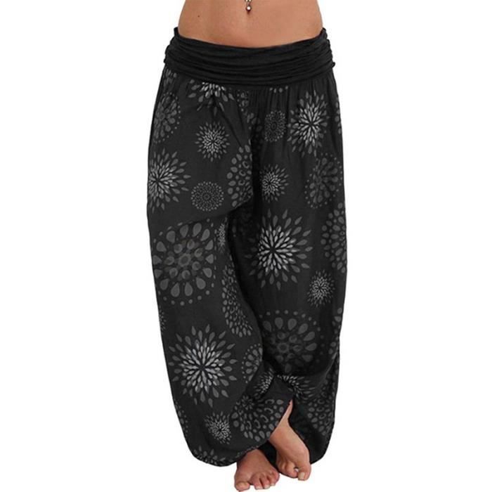 Minetom Pantalon Sarouel Femme Yoga Hippie Baggy Léger Ethnique Taille Haute Avec Poches - Été Plage
