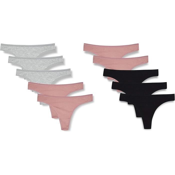 Femme String En Coton, Lot de 10 - Noir-Rosé Grisé-GriChiné,[Z335] Noir ...