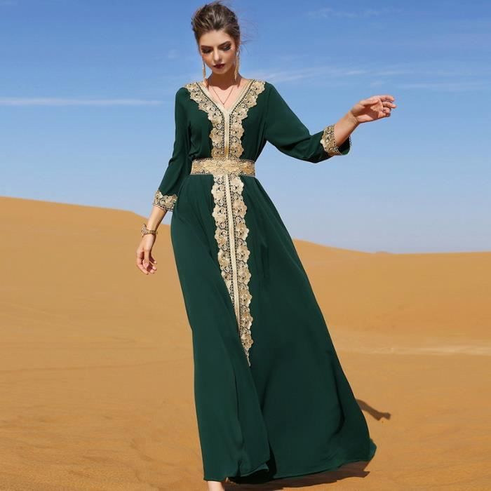 Broderie caftan robes femmes dubai longue musulmane Abaya Islam turquie Jellaba marocain Vintage dentelle robe jilbeb Noir Cdiscount Pret a Porter