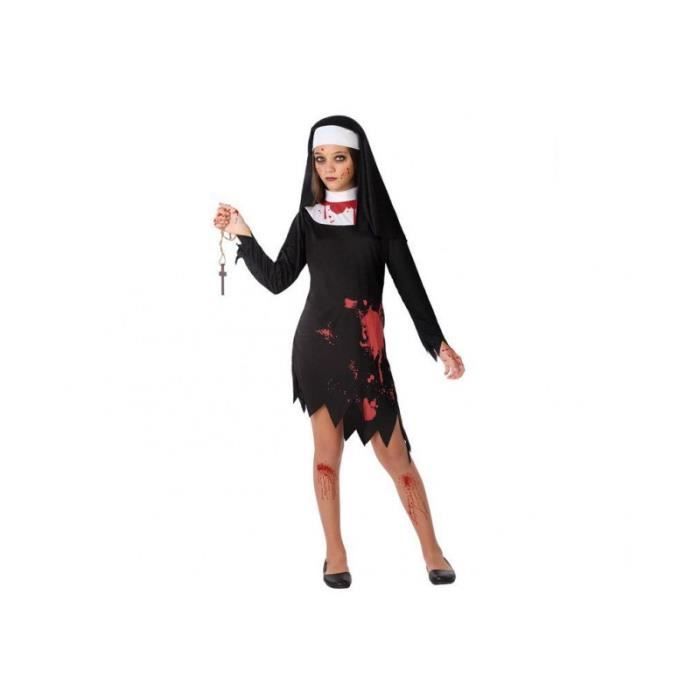 déguisement enfant nonne sanglante ac-déco - 3 à 4 ans - robe noire avec col et tâches de sang en polyester