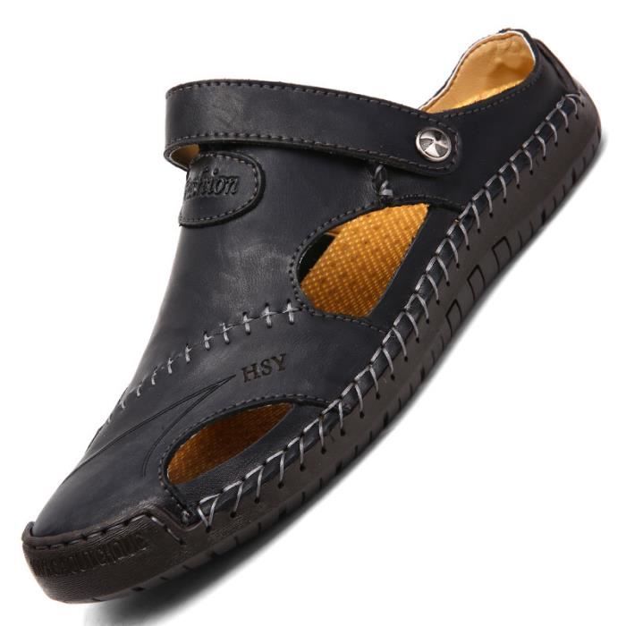 Sandales cuir homme noires respirantes et antidérapantes (Taille 44)