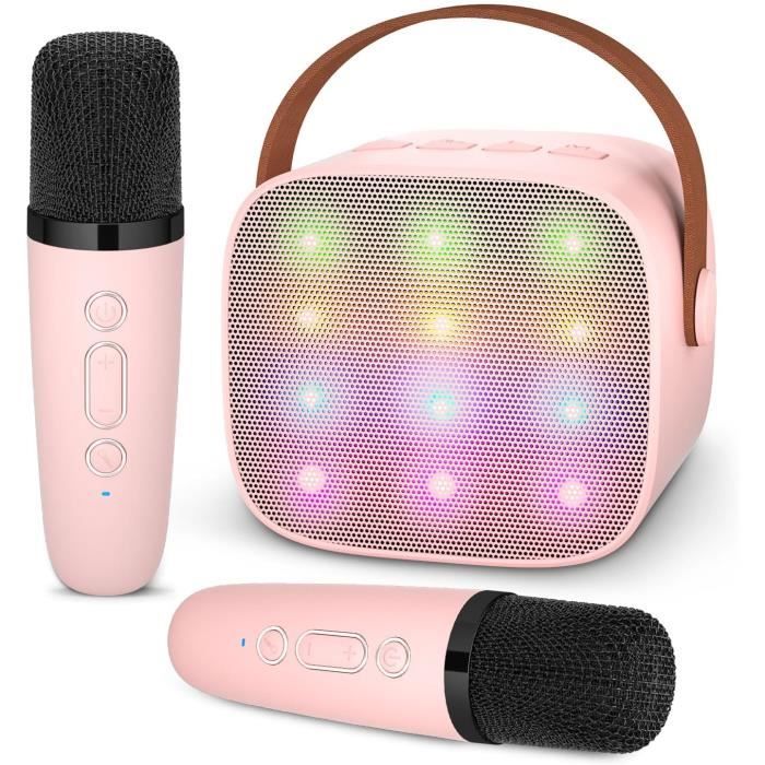 Micro Karaoké Enfant Portable Rose – 2 Micros Sans Fil, LED, Changement Voix, Bluetooth HiFi