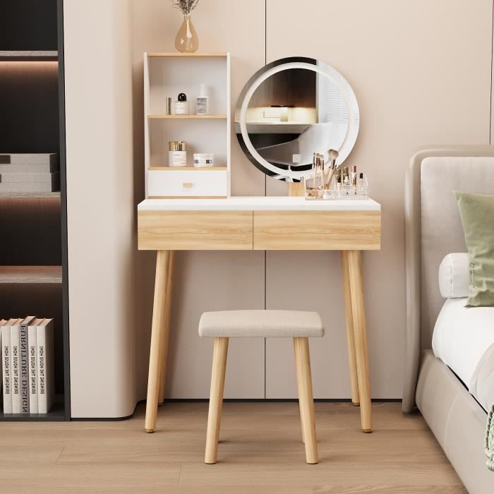 Coiffeuse avec LED Miroir et Tabouret Table de Maquillage - 3 Couleurs de Lumières - 2 Tiroirs - Étagères Réglable - Bois