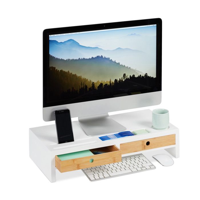 Relaxdays Support moniteur 2 tiroirs Rehaussement PC pour bureau  Bambou et MDF HLP: 12 x 555 x 27 cm blanc/nature