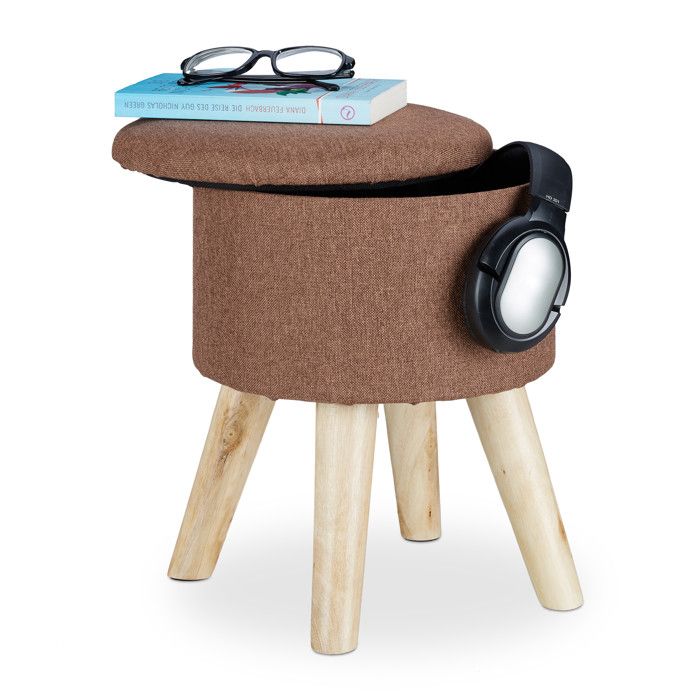 Relaxdays Tabouret de rangement, couvercle-plateau, pieds en bois, pouf