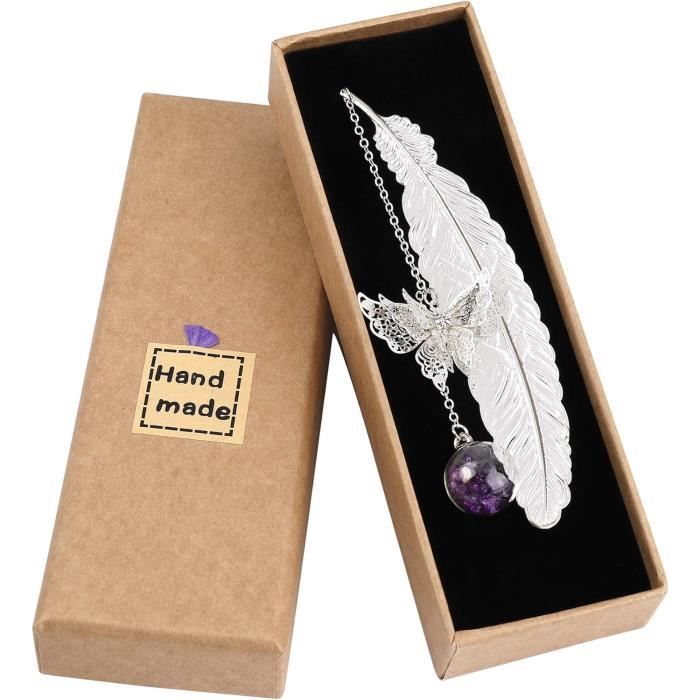 2 Pcs Marque Page Plume En Métal Papillon Personnalisable Avec Fleur Sèche Perles De Verre Pendentif, Idéal Noel Cadeau Maitresse Original Idee