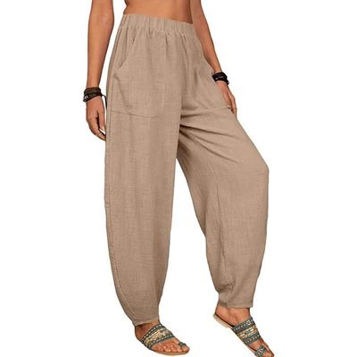 Sfit Pantalon Lin Large Femme Coton Grande Taille Fluide Decontracte Pantalon Sarouel Leger avec Poches Pantalon Bouffant Chic Kaki Cdiscount Pret a Porter