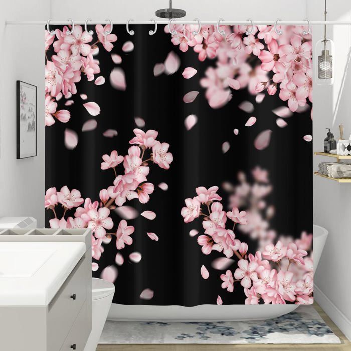 Rideau De Douche Sakura Fleurs De Cerisier Rose – Style Japonais Élégant 180x200 Cm, Imperméable Et Lavable En Polyester