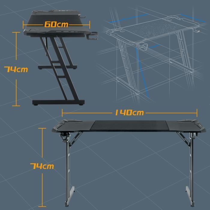 Fohfurniture Bureau d'ordinateur de jeu en fibre de carbone avec éclairage LED RVB, porte-gobelet et crochet pour casque (noir, 140 cm x 60 cm