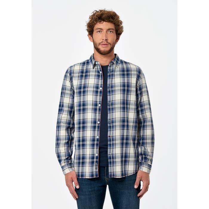 Chemise a carreaux Homme en 100 coton NATIC KAPORAL Regular Manches longues Col chemise Bleu Cdiscount Pret a Porter