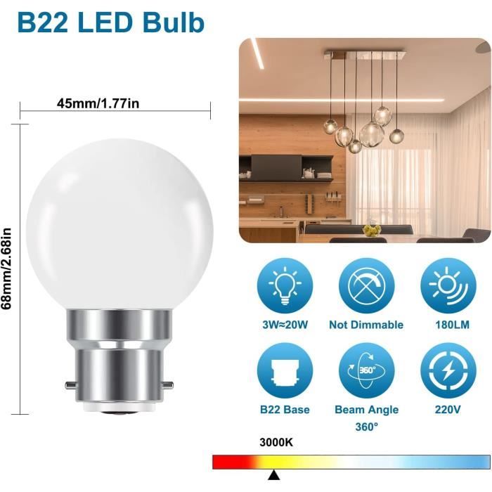 ProCrus Ampoule LED à Baïonnette B22 3W,Ampoule Mini Globe Golfball B22  G45,Blanc Chaud 3000K,180LM,Équivalent Ampoules [314] - Cdiscount Maison