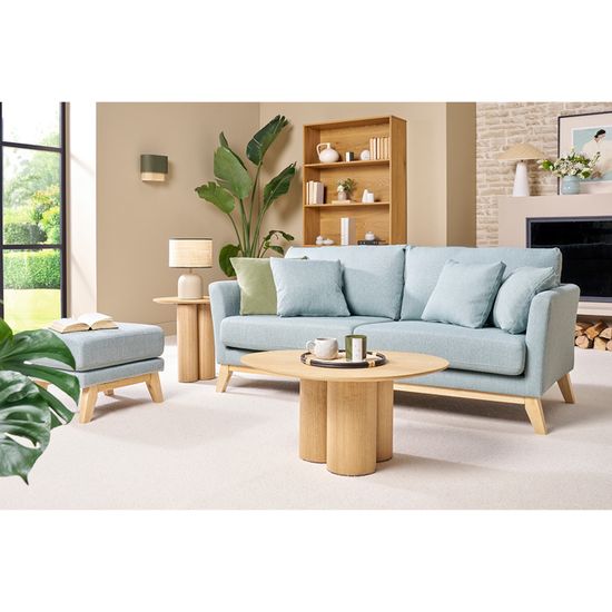 Canapé D'angle Gauche Déhoussable Scandinave En Tissu Vert Lagon Et Bois Clair 3 4 Places Oslo