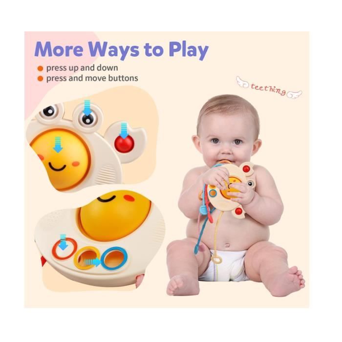 Jouet à Tirer COKWEL Montessori – Crabe En Silicone Alimentaire, Sans BPA, Boutons Cliquables, 6 Sangles, Motricité Fine (18 Mois+)