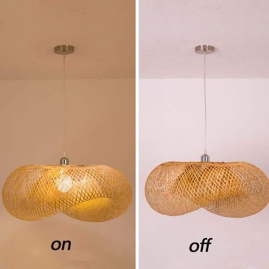 Ronde Bois Lustre Main Tissées En Bambou Naturel Lampes Suspendues Pendentif Luminaire Rustique Japonais Lampe Sud-Est Asiatique Tropical DIY Osier Rotin Suspension E27 Salon Chambre,50cm