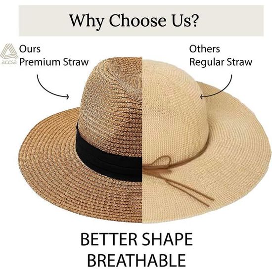 Chapeau Fedora Paille Femme Accsa - Panama Pliable Protection UV 50+ Large Bord 8cm Ajustable