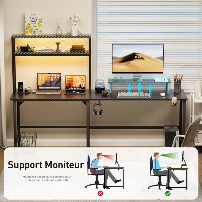 Bureau Gaming Led Bureau Gamer Rgb Informatique Pour Ordinateur Avec Support Casque Et Porte Gobelet 100x60x73cm